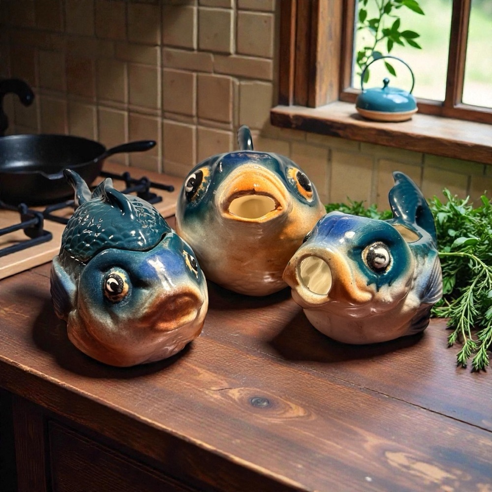 Vintage Kitschy Koi ceramic teapot creamer sugar set, Japan MCM Retro RARE